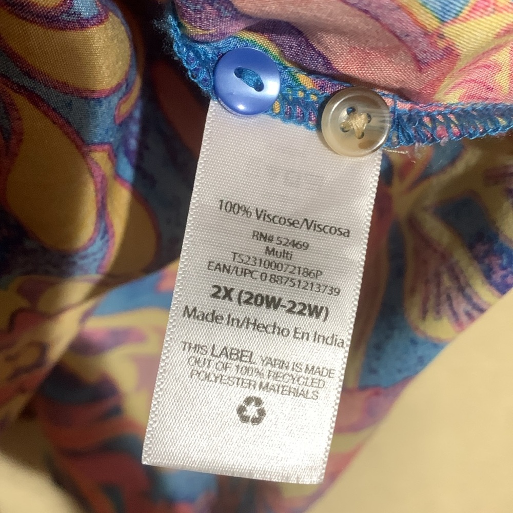 Terra & Sky Top 2X Blue Pink Yellow Floral Sleeveless Front Buttons Viscose - Picture 10 of 16